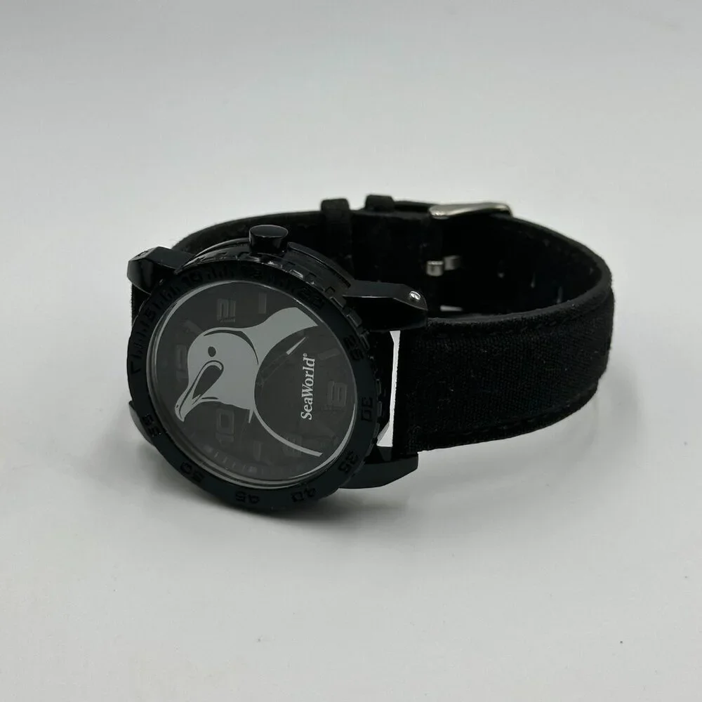Sprout Seaworld Watch Women Black Penguin Dial Organic Cotton Band New Battery